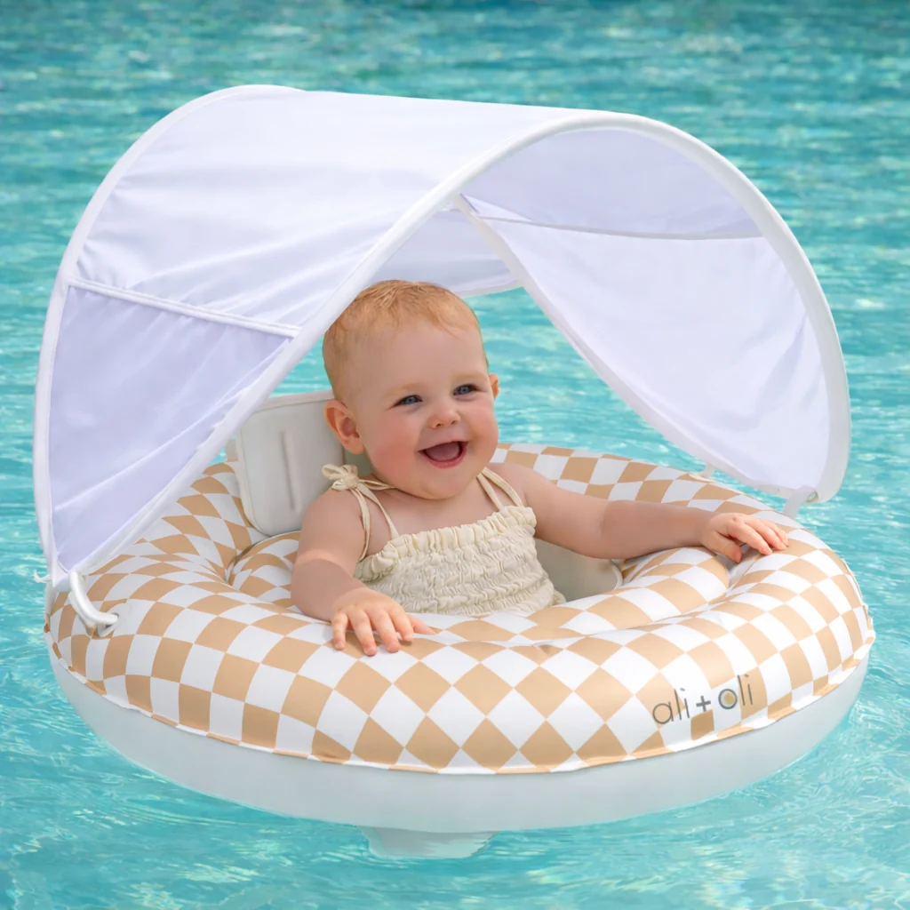 INFLATABLE, BABY SEAT W/ SUN CANOPY TAN CHECKERS